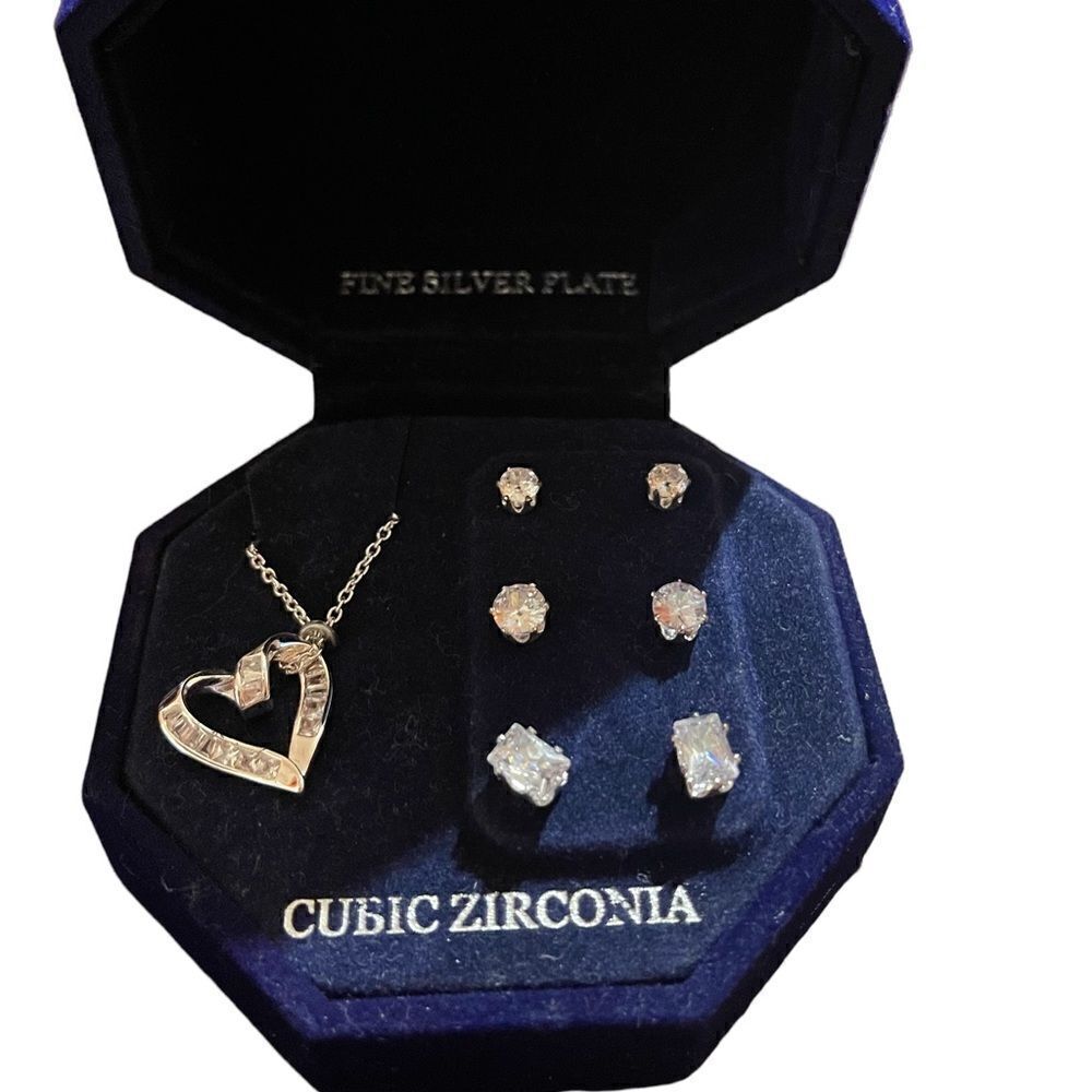 Silver Plate Cubic Zirconia Heart Necklace and Stud Earring Set